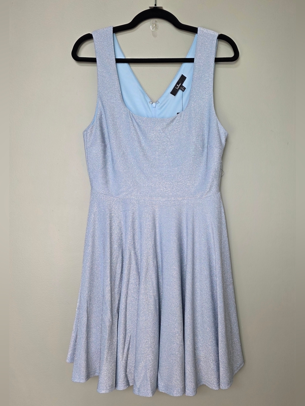 Lulus Best Date Ever Light Blue Sparkle Metallic Skater Mini Dress, Size Large - Picture 4 of 10